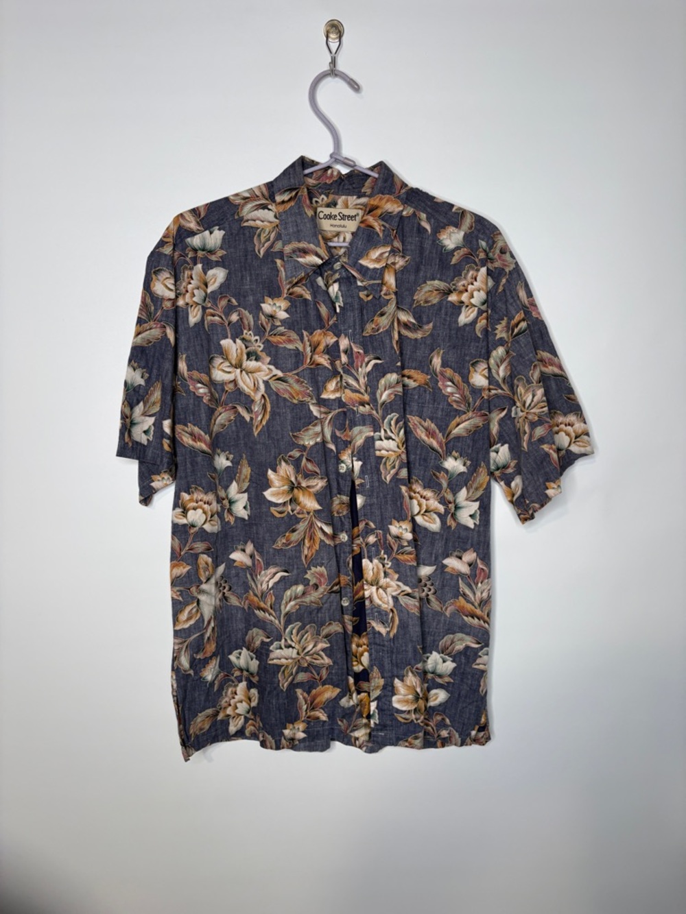 Vintage Cooke Street Men's Navy Floral Short-Sleeve Button-Up Shirt Size Large